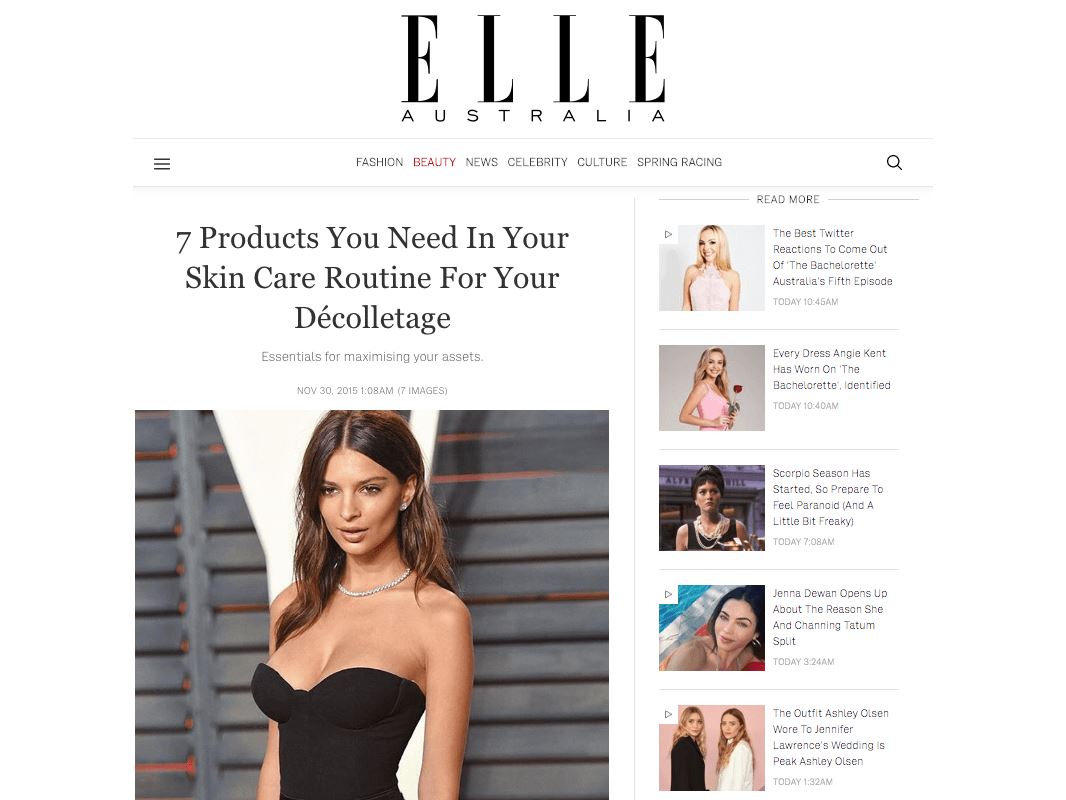 BIOXIDEA News Elle features BIOXIDEA Miracle24 Neck Mask in "7 Products You Need In Your Skin Care Routine For Your Décolletage"